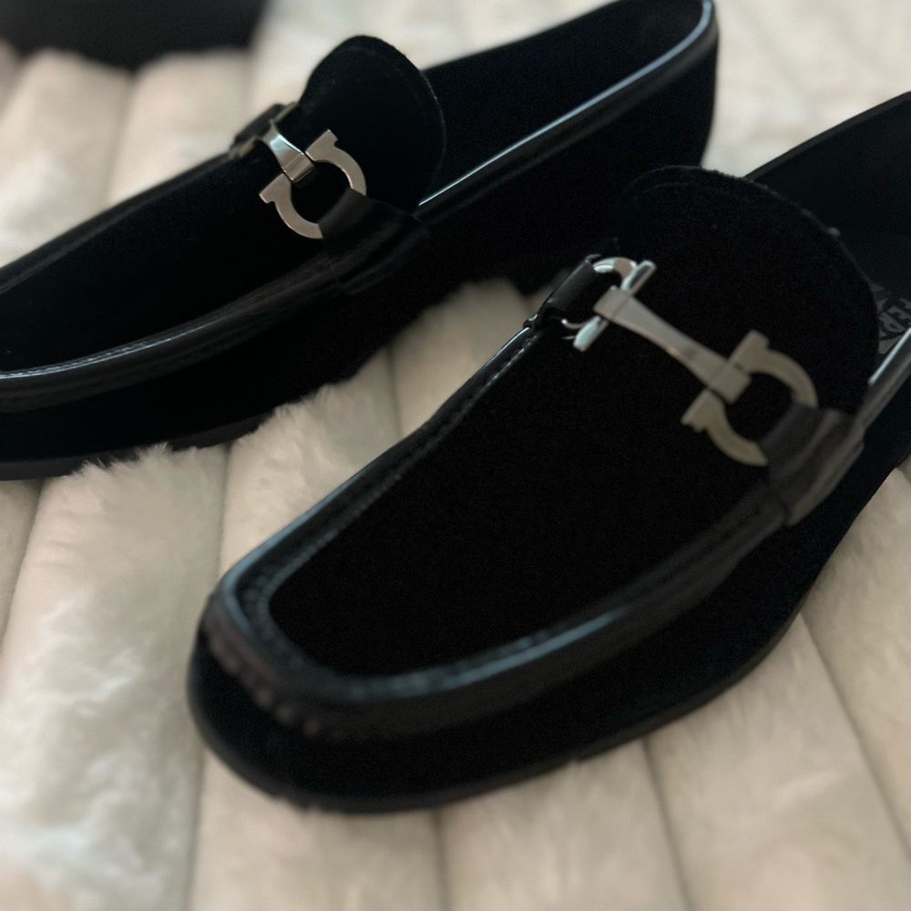 Black Salvatore Ferragamo velvet Loafers with Silver Buckle